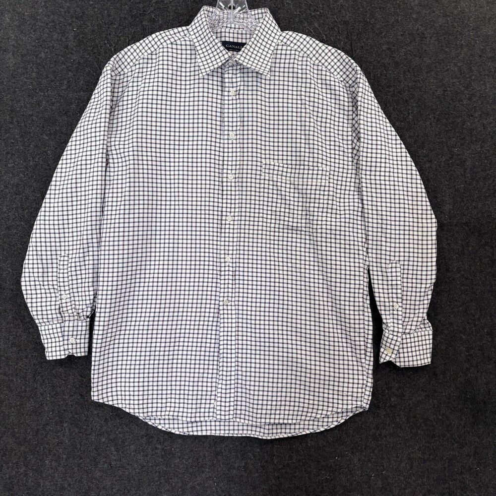 Canali Dress Shirt Men's 17 43 White Blue Check Made Italy Cotton Long Sleeve
